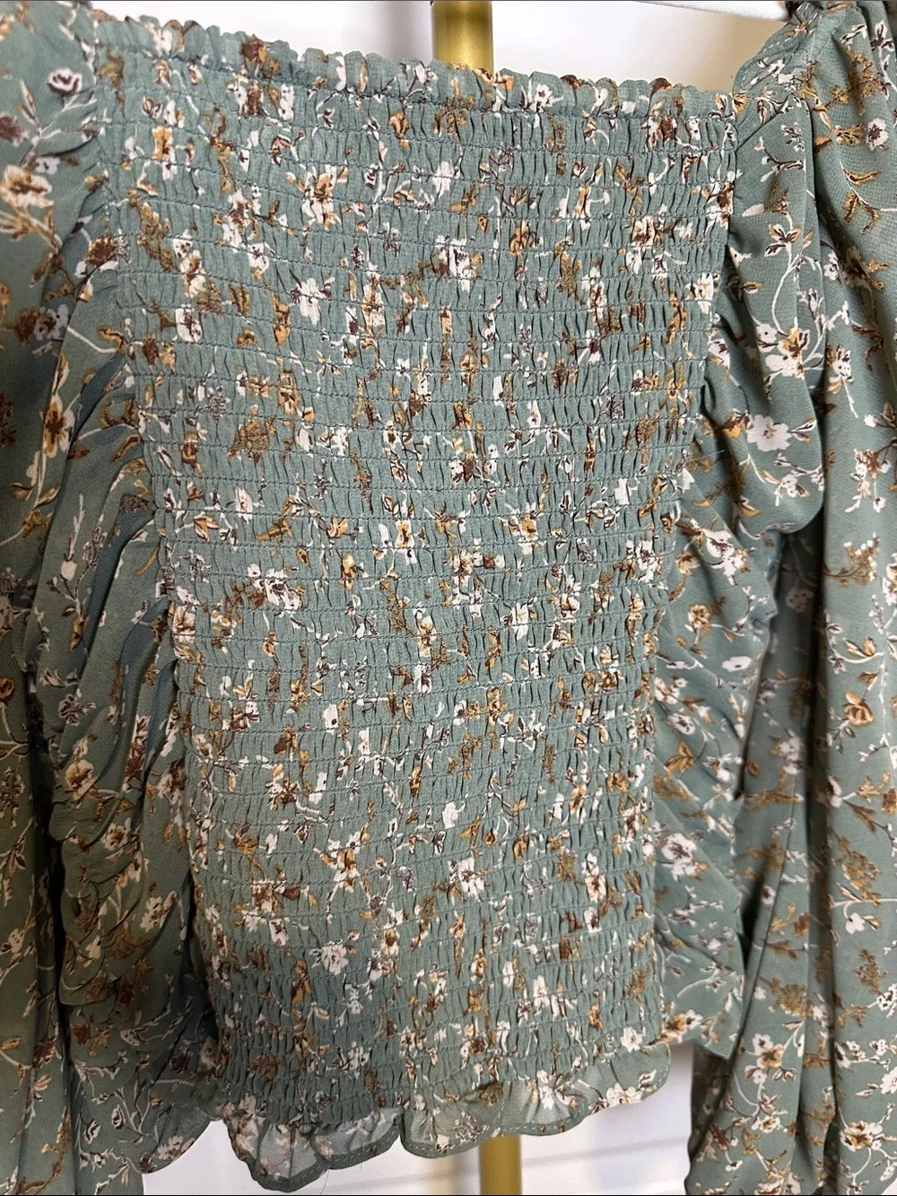 Astr Olive Green Floral Ruched Square-Neck Blouse